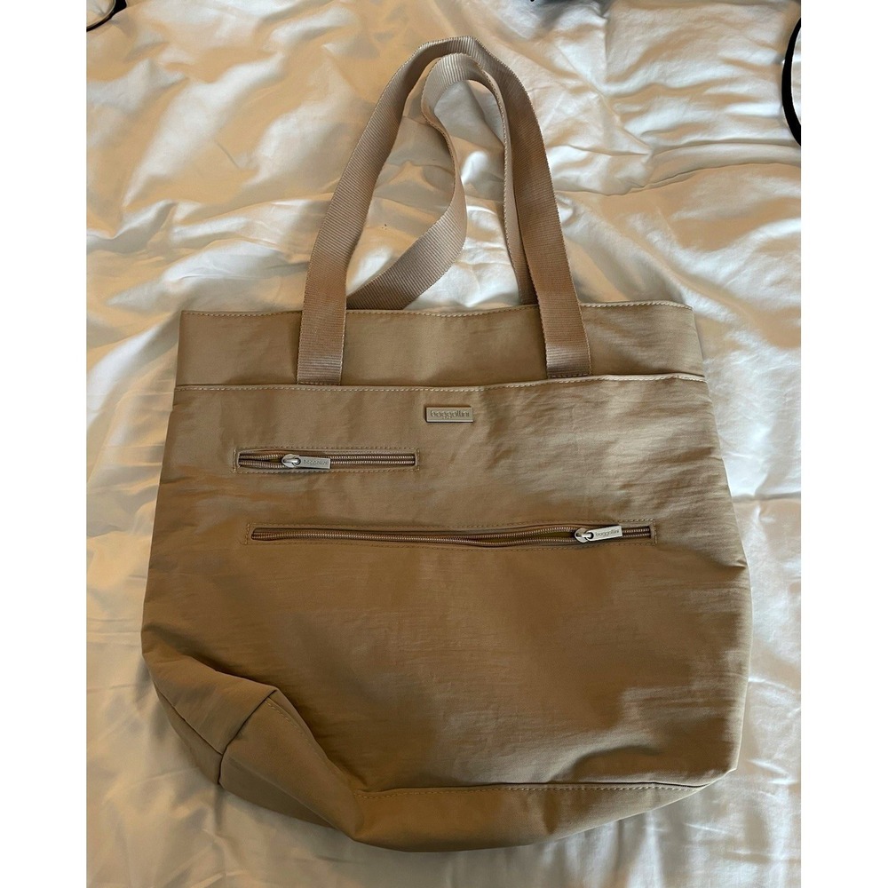 Baggallini Women's Beige Solid Tote, Double Handles, Zip Pockets, Yellow Lining